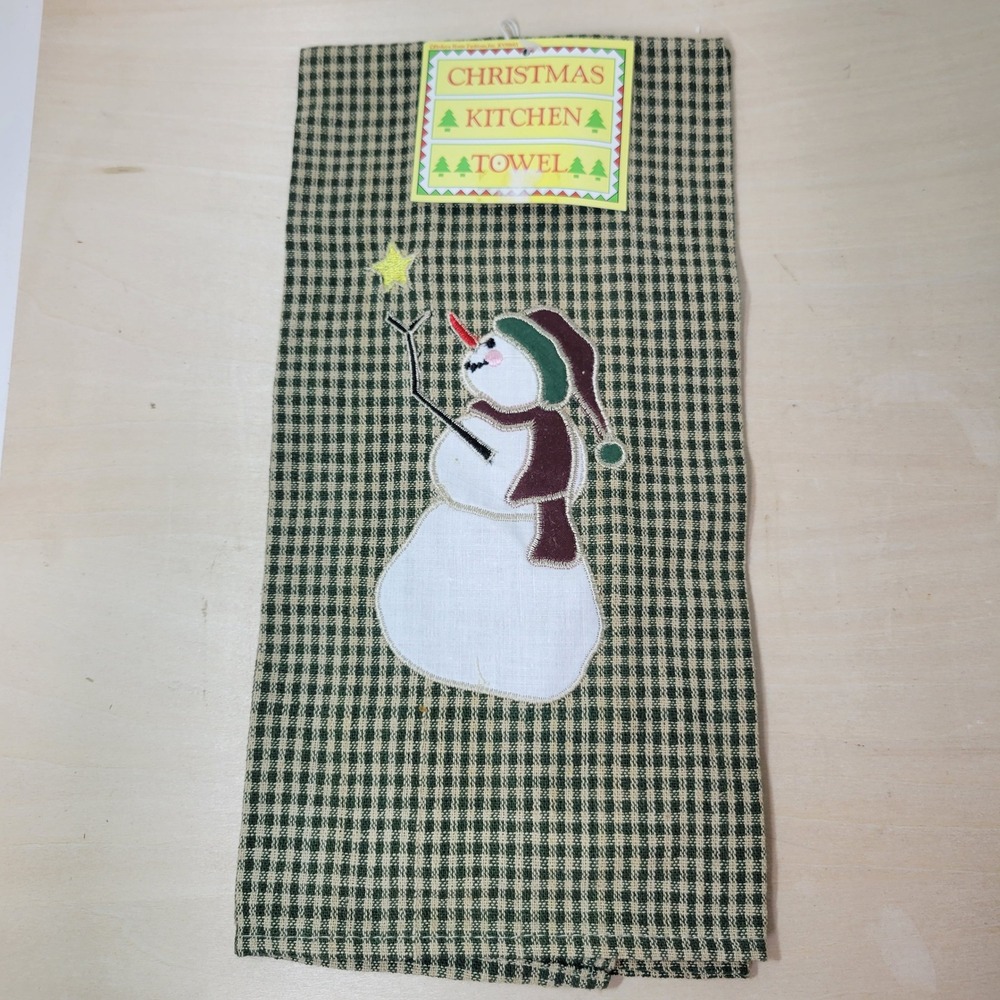 Christmas Kitchen‎ Towel Snowman Embroidered Green Plaid Holiday Decor New